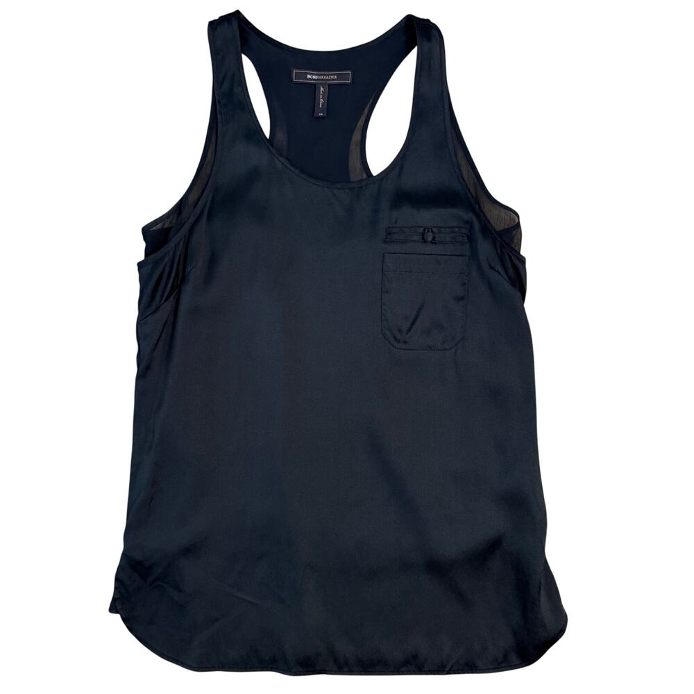BCBGMAXAZRIA Sleeveless Blouse Silk Pocket Scoopneck Layered Black Women XSmall